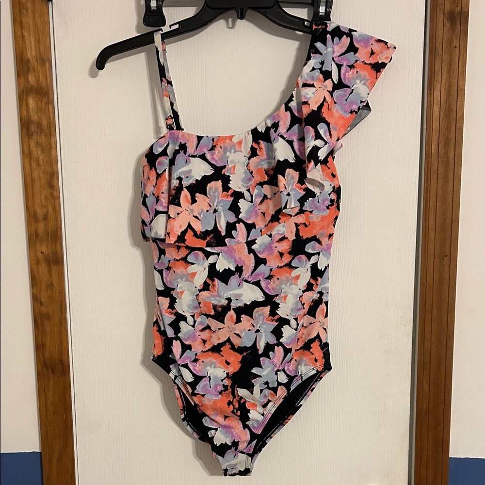 Time and Tru One-Shoulder Floral Swimsuit - Black, Pink, Purple